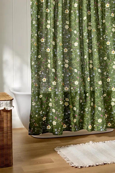 Anthropologie Printed Cotton Slub Shower Curtain Collection In Green