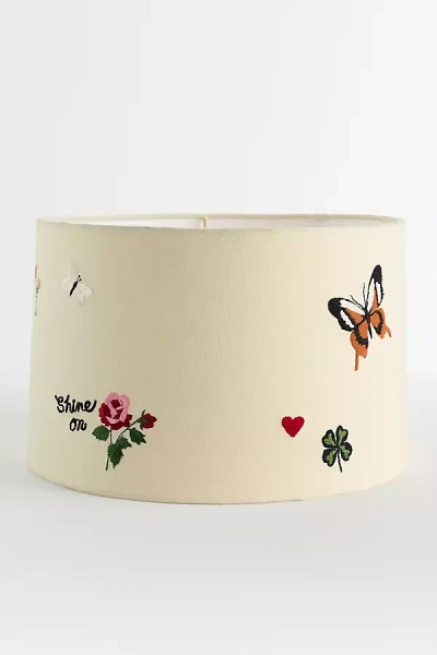 Anthropologie Printed Fabric Drum Lamp Shade In White