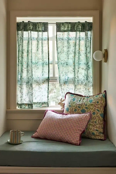 Anthropologie Priyanka Organic Cotton Printed Bird Café Curtains, Set Of 2 In Green