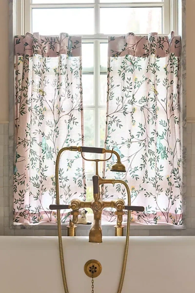 Anthropologie Priyanka Cotton Printed Bird Café Curtains, Set Of 2 In Pink