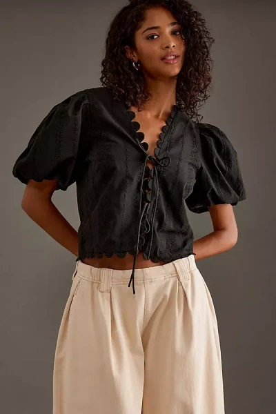 Anthropologie Puff-sleeve Tie-front Blouse In Black