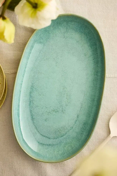 Anthropologie Reactive Glaze Stoneware Serving Tray In Green