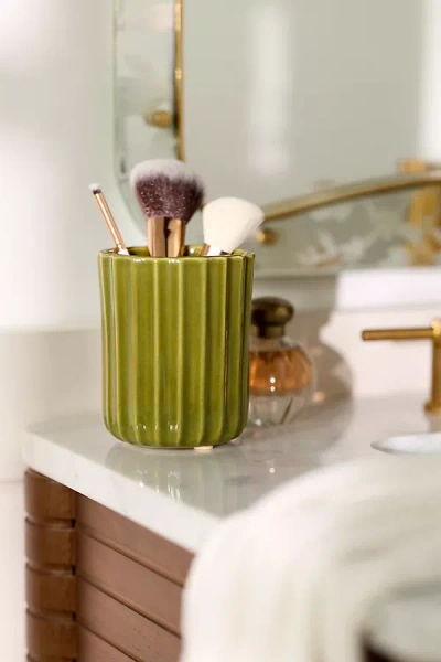 Anthropologie Reactive Ribbed Ceramic Bath Tumbler In Green