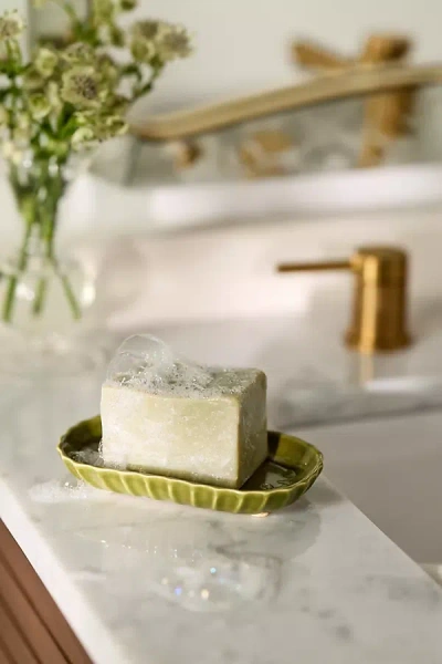 Anthropologie Reactive Ribbed Ceramic Soap Dish In Green