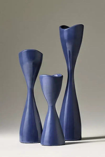 Anthropologie Ruby Clay Veda Hourglass Taper Candle Holder In Blue