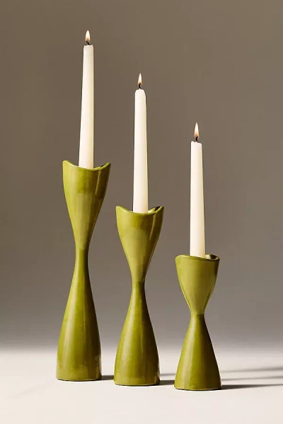 Anthropologie Ruby Clay Veda Hourglass Taper Candle Holder In Green