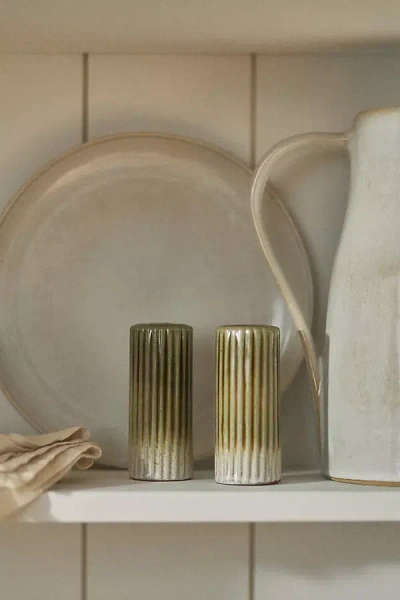 Anthropologie Ruffle Reactive Glaze Stoneware Salt & Pepper Shakers In Green