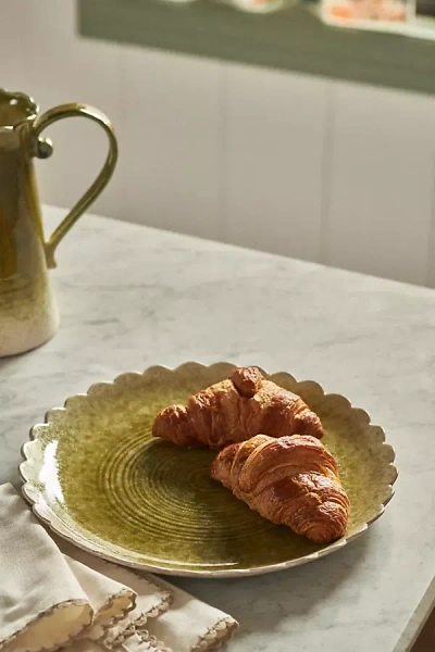 Anthropologie Ruffle Round Reactive Glaze Stoneware Platter In Green