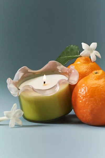 Anthropologie Ruffle Top Fruity Orange Blossom & Santal Glass Candle In Green
