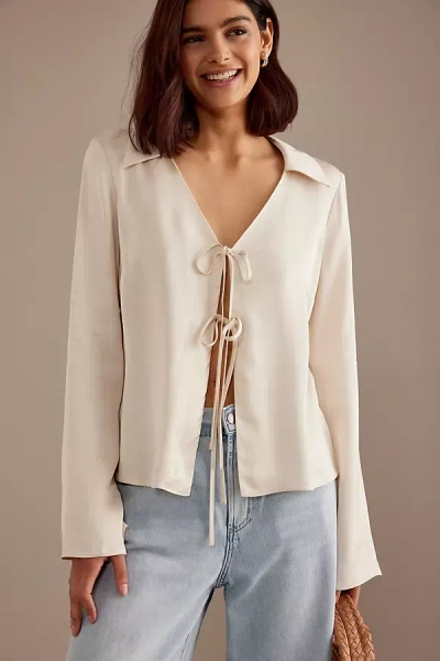 Anthropologie Satin Tie-front Blouse In White