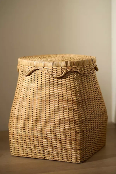 Anthropologie Scallop Wicker Lidded Hamper In Brown
