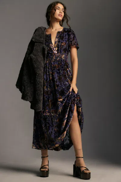 Pre-owned Anthropologie See Sizes -  Somerset Maxi Dress Velvet Edition Violet Floral In Purple