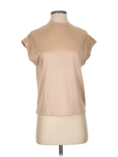 Pre-owned Anthropologie Short Sleeve Top Tan Metallic Pattern High Neck Tops In Brown