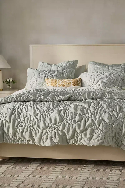 Anthropologie Silky Floral Stitched Quilt In Gray