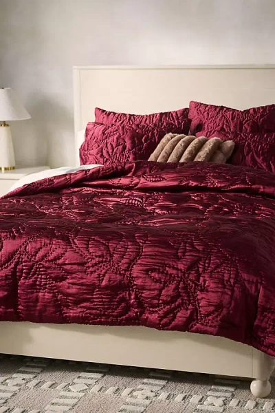 Anthropologie Silky Floral Stitched Quilt In Purple