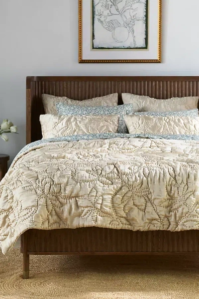 Anthropologie Silky Floral Stitched Quilt In White