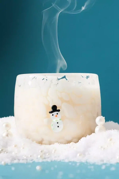 Anthropologie Snowman Festive Icon Woody Vanilla Bean & Balsam Glass Candle In White