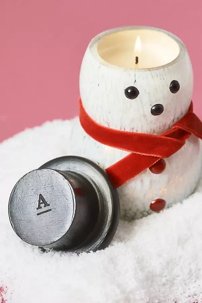 Anthropologie Snowman Woody Fresh Balsam & Cedarwood Glass Candle In White