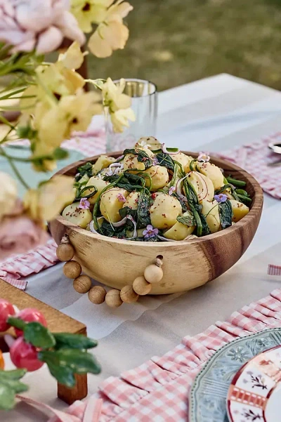 Anthropologie Solid Acacia Wood Serve Bowl With Beaded Handle In Multi