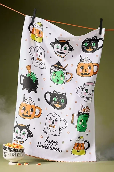 Anthropologie Spooky Friends Mugs Dish Towel In White
