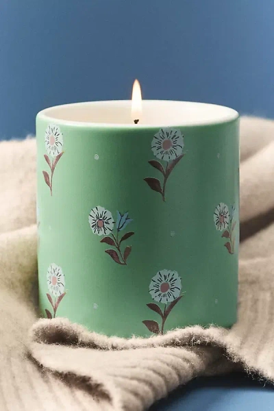Anthropologie Spring Cottage Floral Golden Petals & Cashmere Ceramic Boxed Candle In Green