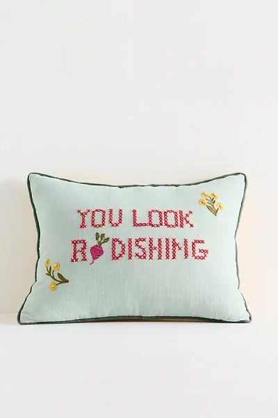 Anthropologie Sprout Cotton Embroidered Pillow In Blue