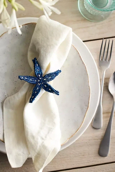 Anthropologie Starfish Woven Palm Napkin Rings, Set Of 4 In White