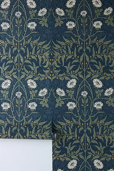 Anthropologie Stenciled Floral Vintage Wallpaper In Blue