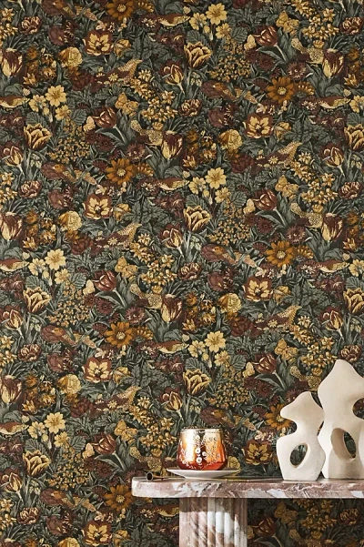 Anthropologie Stenciled Floral Wallpaper In Black