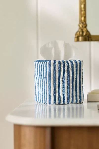 Anthropologie Stripe Beaded Tissue Box Cover In Blue