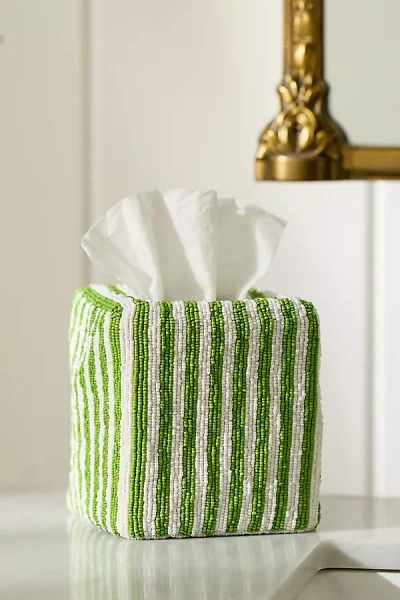 Anthropologie Stripe Beaded Tissue Box Cover In Green