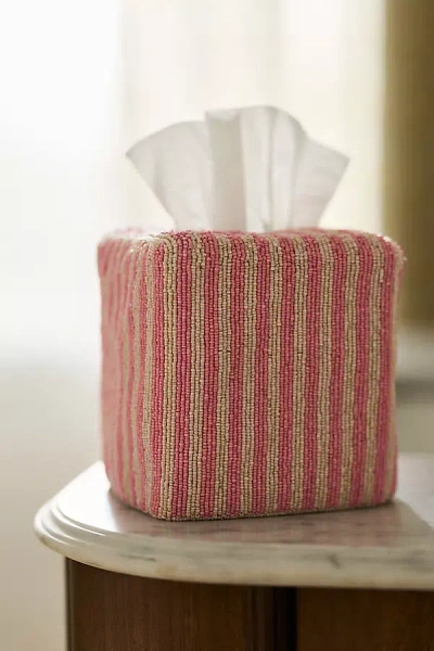 Anthropologie Stripe Beaded Tissue Box Cover In Red