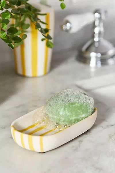 Anthropologie Striped Ceramic Soap Dish In Yellow