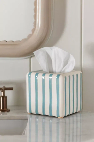 Anthropologie Striped Ceramic Tissue Box Cover In Blue
