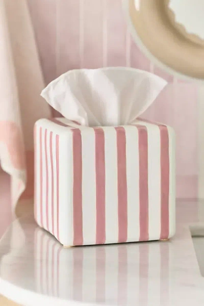 Anthropologie Striped Ceramic Tissue Box Cover In Pink