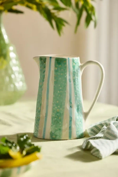 Anthropologie Striped Earthenware Pitcher In Green