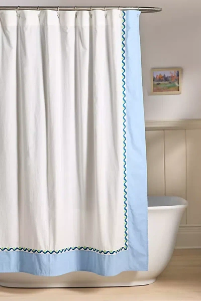 Anthropologie Sylvie Cotton Percale Embroidered Border Shower Curtain In Blue