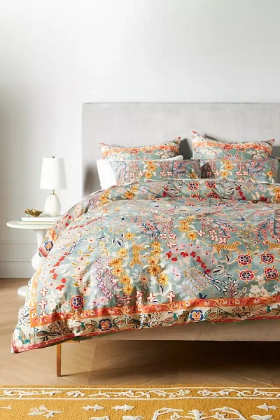 Anthropologie Tales Cotton Slub Printed Duvet Cover In Gray