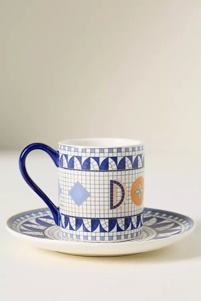 Anthropologie The Bistro Tile Stoneware Espresso & Saucer: Ciao Edition In Blue