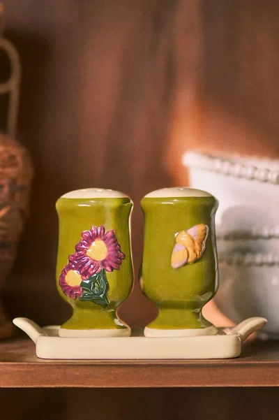 Anthropologie The Faye Icon Stoneware Salt & Pepper Shaker Set In Green