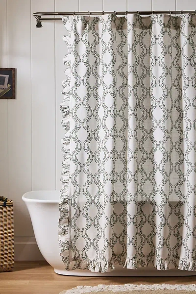 Anthropologie Tree Trellis Cotton Printed Ruffle Shower Curtain In Gray