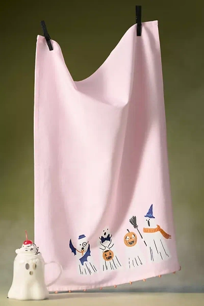 Anthropologie Trick-or-treat Ghosts Dish Towel In Pink