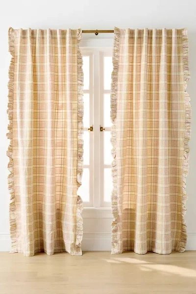 Anthropologie Tucker Plaid Ruffle Edge Cotton Curtain In Brown