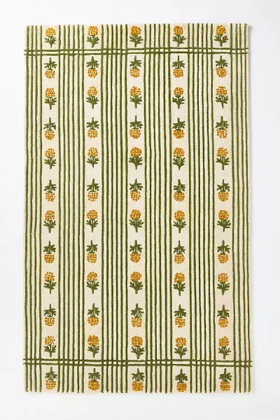 Anthropologie Tufted & Hooked Wool Floral Rug In Green