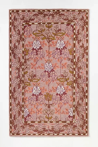 Anthropologie Tufted Hooked Wool Floral Border Rug In Pink