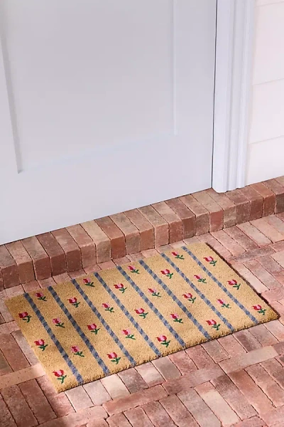 Anthropologie Tulips Striped Coir Printed Doormat In Orange