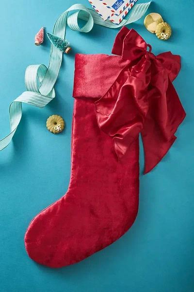 Anthropologie Velvet Bow Stocking In Red