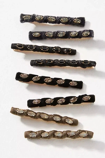 Anthropologie Velvet Crystal Barrettes, Set Of 8 In Black