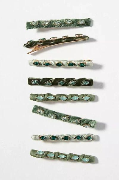 Anthropologie Velvet Crystal Barrettes, Set Of 8 In Green