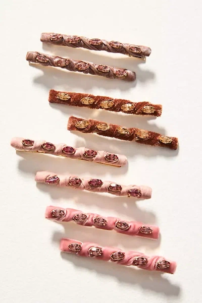 Anthropologie Velvet Crystal Barrettes, Set Of 8 In Red